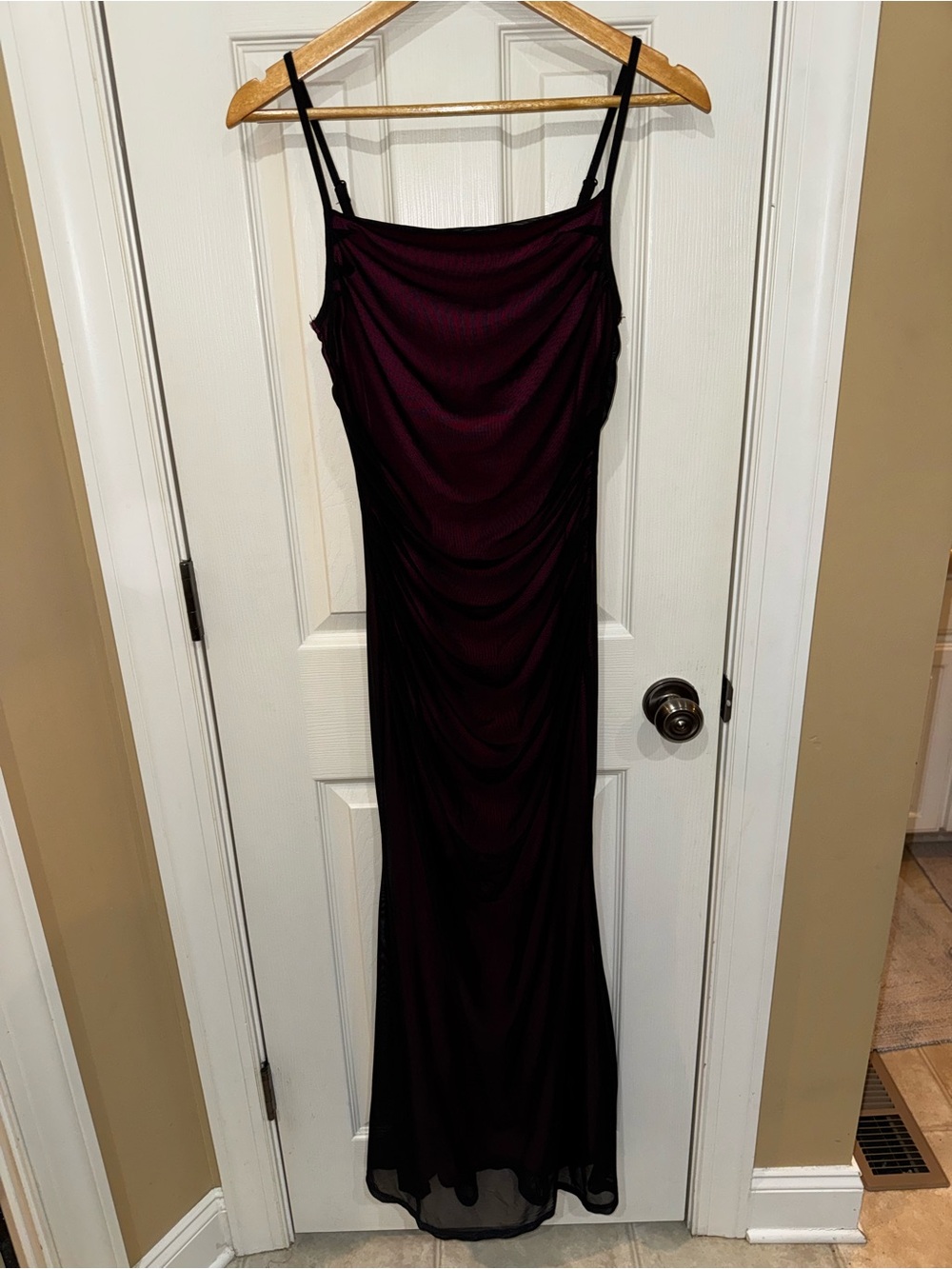 Black Burgundy Evening Slip Dress with Draped Detail